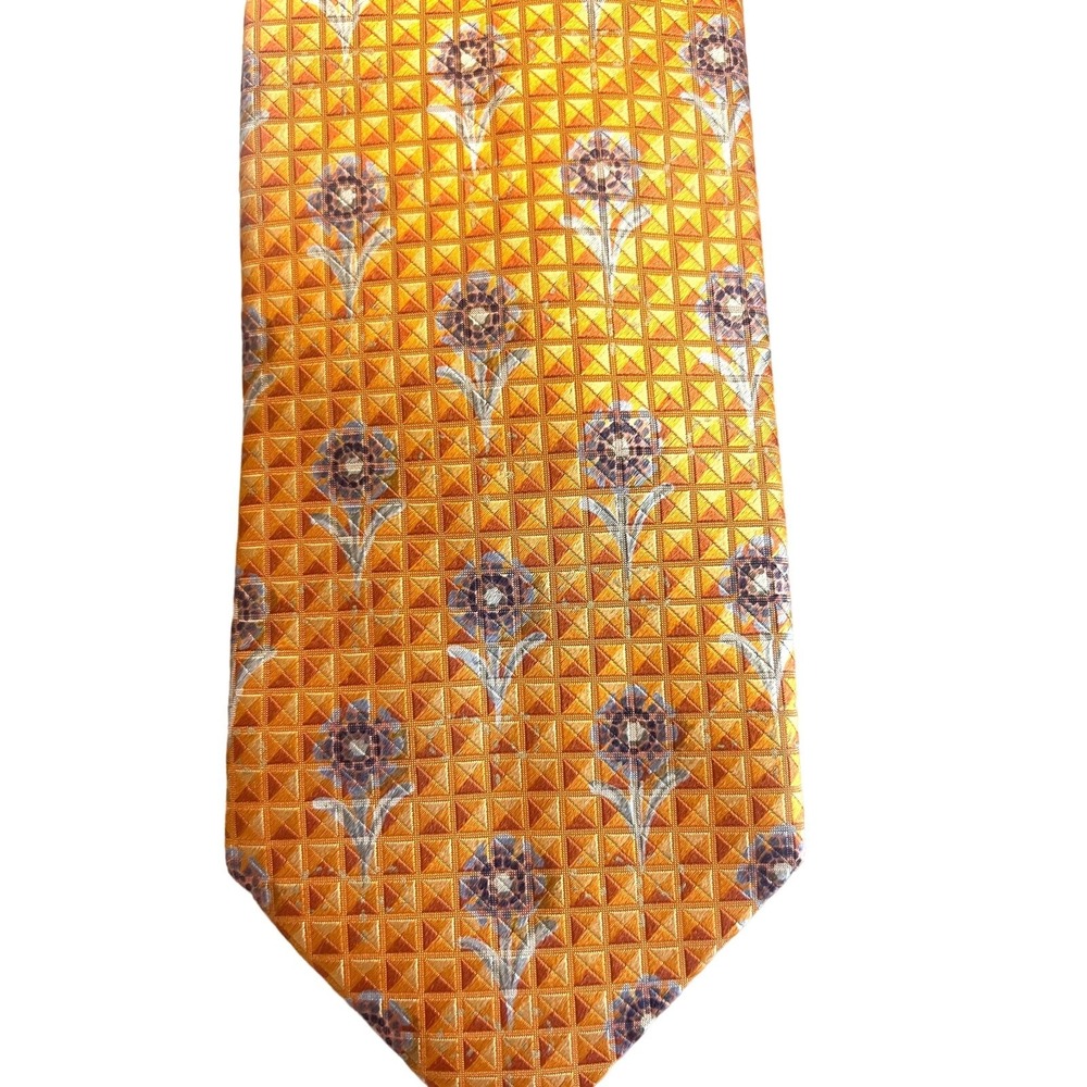 Ermenegildo Zegna‎ 100% Silk Tie with Orange Geographic Print with Flowers NWOT